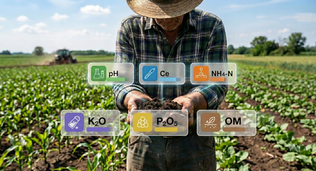 Agricultor profesional tomando una muestra de tierra en el campo para su análisis en laboratorio.