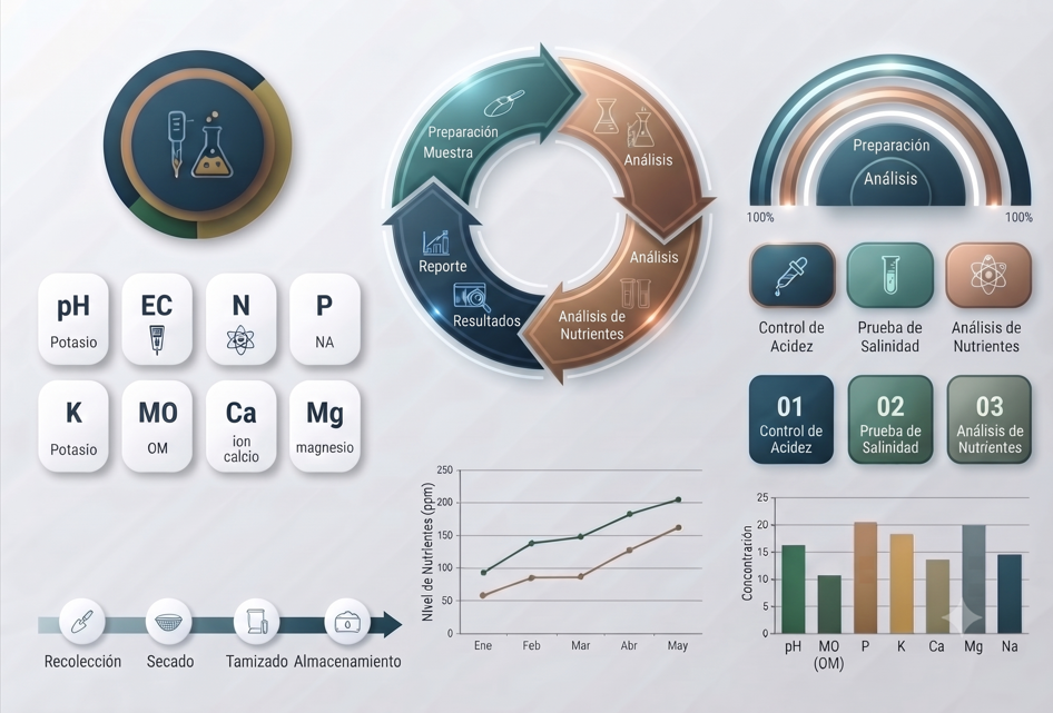 Gráfico de resultados de un análisis de suelo completo mostrando niveles de nutrientes y pH.